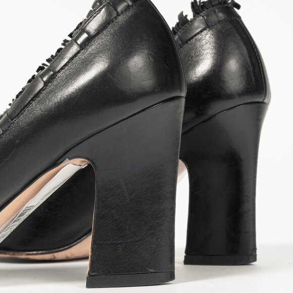 Miu Miu Black Leather Fringe-Trim Studded Bow Heels - Picture 7 of 8